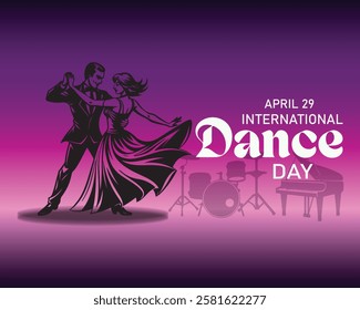  International Dance Day Vector Illustration with tango dancing couple on purple background. Design template for banner, flyer, invitation, brochure, poster or greeting card.