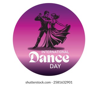 International Dance Day Vector Illustration with tango dancing couple on purple background. Design template for banner, flyer, invitation, brochure, poster or greeting card.