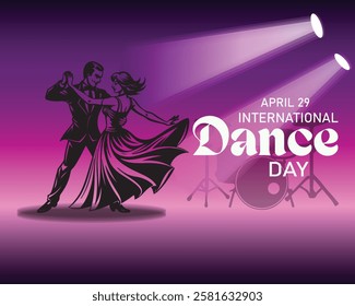 International Dance Day Vector Illustration with tango dancing couple on purple background. Design template for banner, flyer, invitation, brochure, poster or greeting card.