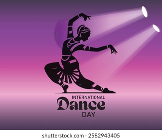 International Dance Day Vector Illustration with tango dancing couple on purple background. Design template for banner, flyer, invitation, brochure, poster or greeting card.