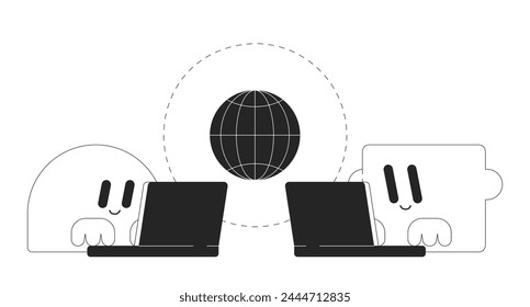 International data transfer black and white 2D illustration concept. Geometric personages typing laptops cartoon outline characters isolated on white. Information exchange metaphor monochrome vector