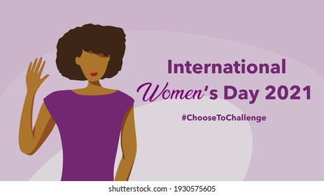 International women’s day 2021. Choose to challenge theme. An balck lady with black hair raising her hand to show her courage. Wearing purple or violet palette outfit. Vector illustration graphic