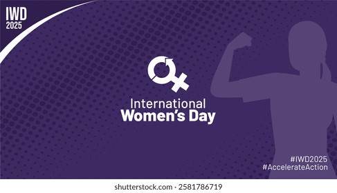 International women’s day 2025 banner design with female symbol, a flexing woman gesture and hastag #AccelerateAction.  Best for IWD 8 March 2025 campaign, background, greeting, poster, social media. 