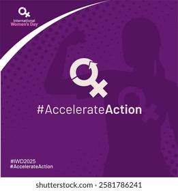 International women’s day 2025 celebration design with female symbol, a flexing woman gesture and hastag #AccelerateAction.  Best for IWD 8 March 2025 campaign, greeting, poster, solidarity, feminism 