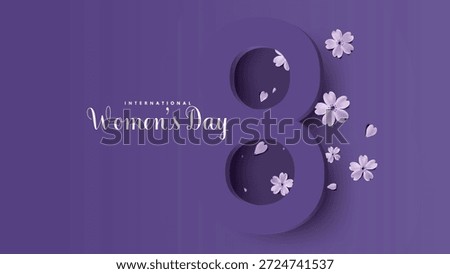International Women’s Day 8 March Background with Floral Paper Cut Style on Purple, Vector illustration.