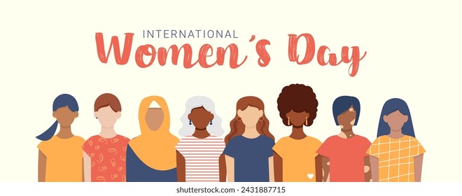 International women´s day. 8 march. Female diverse faces of different ethnicity banner. Women empowerment movement pattern. Faceless isolated vector illustration.