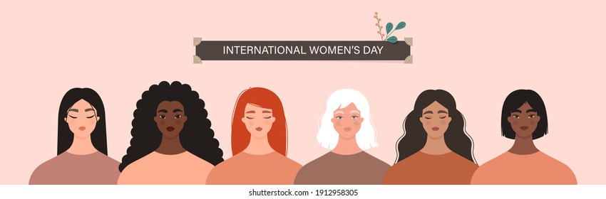 International Women’s Day, 8 March. Women diversity concept. Group of multiethnic female characters. Portraits of caucasian, asian, black, latina girls standing together. Isolated vector banner