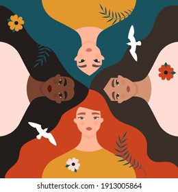 International Women’s Day, 8 March. Women diversity concept. Group of multiethnic female characters. Portraits of beautiful caucasian, asian, black, latina girls together. Vector illustration, card