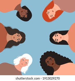 International Women’s Day, 8 March. Women diversity concept. Group of multiethnic female characters. Portraits of caucasian, asian, black, latina girls together. Isolated flat vector illustration