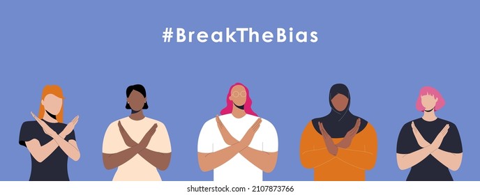 International women’s day. 8th march. #BreakTheBias Horizontal poster with women with different skin color and ethnic groups cross arms. Vector illustration in flat style for banner, social networks