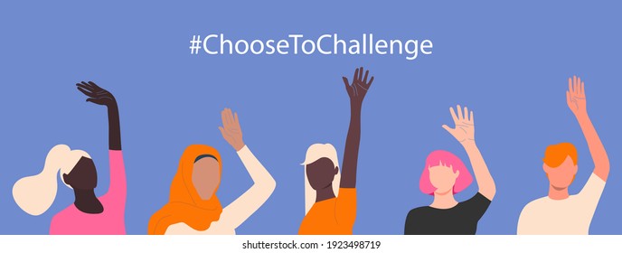 International women’s day. 8th march. #ChooseToChallenge. Horizontal poster with different skin color women’s hand up. Vector illustration in flat style for greeting card, postcard, banner. Eps 10.