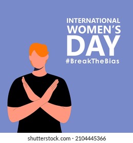 International women’s day. 8th march. Poster with red hair woman with cross arms. #BreakTheBias campaign.  Vector illustration in flat style for web, banner, social networks. Eps 10.