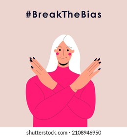 International women’s day. 8th march. Poster with a smiling woman with cross arms. Break The Bias campaign.  Vector illustration in flat style for web, banner, social networks. Eps 10.