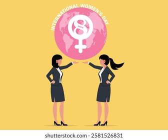 International women’s day, 8th march.Two women helping to lift circle globe with a female symblo vector design