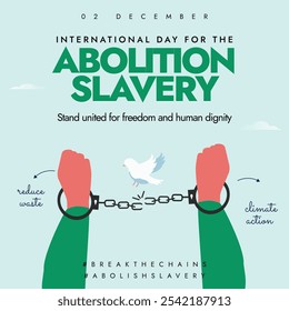 Día Internacional para la Abolición de la Esclavitud. Día 2 de diciembre para el fin del Anuncio de concienciación sobre la esclavitud con las manos esposadas. El día se centra en la lucha en curso contra las violaciones de los derechos humanos.