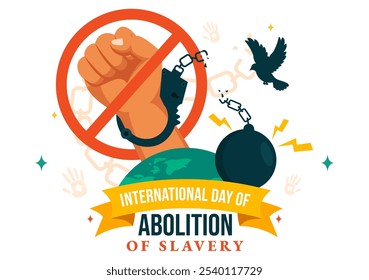 Día Internacional para la Abolición de la Esclavitud Ilustración vectorial el 2 de diciembre, con símbolos de esposas, cadenas y palomas en un fondo