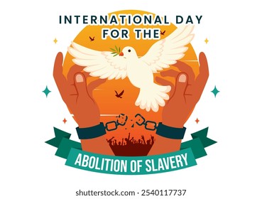 Día Internacional para la Abolición de la Esclavitud Ilustración vectorial el 2 de diciembre, con símbolos de esposas, cadenas y palomas en un fondo