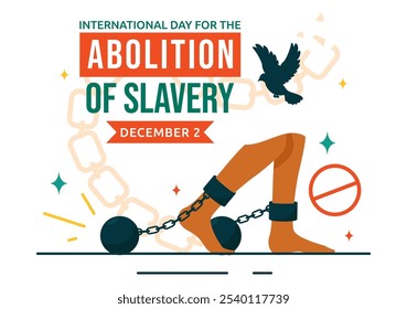 Día Internacional para la Abolición de la Esclavitud Ilustración vectorial el 2 de diciembre, con símbolos de esposas, cadenas y palomas en un fondo