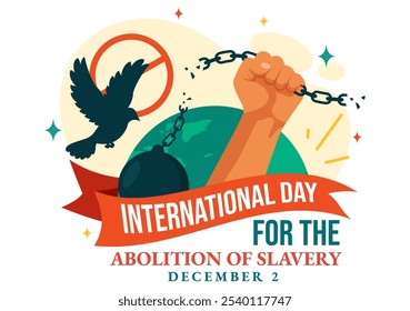 Día Internacional para la Abolición de la Esclavitud Ilustración vectorial el 2 de diciembre, con símbolos de esposas, cadenas y palomas en un fondo