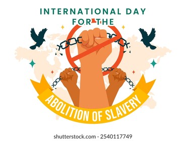 Día Internacional para la Abolición de la Esclavitud Ilustración vectorial el 2 de diciembre, con símbolos de esposas, cadenas y palomas en un fondo