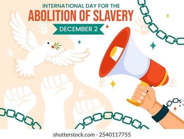 Día Internacional para la Abolición de la Esclavitud Ilustración vectorial el 2 de diciembre, con símbolos de esposas, cadenas y palomas en un fondo