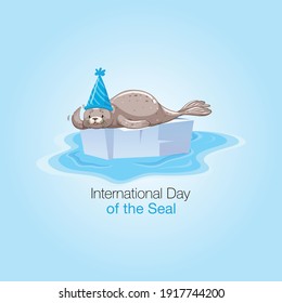 International Day of Action for the Seals. Vector image of an animal white seal on ice.