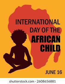 International Day of the African Child card or infographic. Silhouette of a child sitting against an African continent map background with text highlighting. Vector illustration.