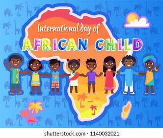 International day of African child. Children holding hands smiling. Continent Africa with palm trees and giraffes sun and cloud isolated  vector