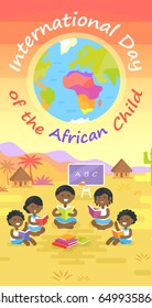 International day of African child colorful vector poster with happy kids sitting in circle and reading books on fresh air