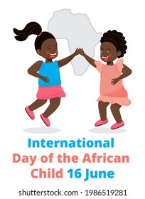 International day of the African child concept vector. Event is celebrated in June 16th.  Black, cute girl is happy and agrican child is jumping.