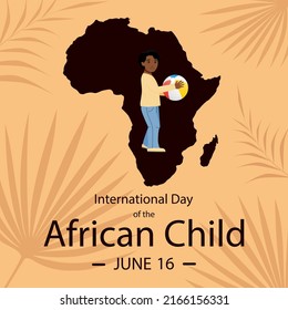 International day of the African Child, june 16 concept. Africa silhouette, african child, tropical plants, beige background. For card template, poster, cover, banner with text. Vector illustration.