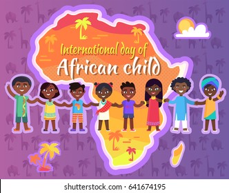 International day of African child poster with vector illustration of kids who hold hands and map of Africa on background.
