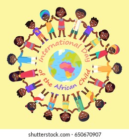 International Day of African Child poster with kids who hold hands in circle around Earth isolated vector illustration on yellow background.