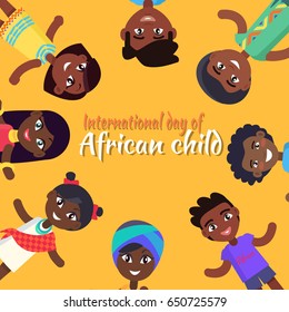 International Day of African Child poster with kids who hold hands stretched ready to get help isolated vector illustration on yellow background.