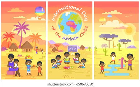 International Day Of African Child Set With Kids Who Read Books, Play With Water And Share Fruits In Village Vector Illustrations.