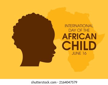 Día Internacional del Vector Infantil Africano. Cute la cara secundaria del vector de silueta de perfil. Icono de perfil de cabeza de bebé. Afiche del Día del Niño Africano, 16 de junio. Día importante