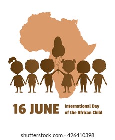 International Day of the African Child.16 June.African children on a background map of the African continent.Silhouettes of children.