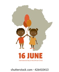 International Day of the African Child.16 June.African children on a background map of the African continent.Cartoon characters.