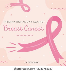 International Day Against Breast Cancer card. Vector square banner template for mammary cancer solidarity campaign with pink cartoon ribbons. Illustration in flat style.