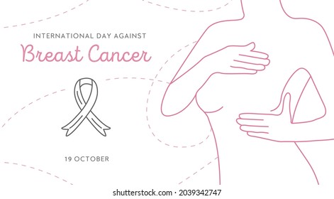 International Day Against Breast Cancer. Line art woman and outline awareness ribbon on background. Vector horizontal web banner with female outline silhouette on white background.