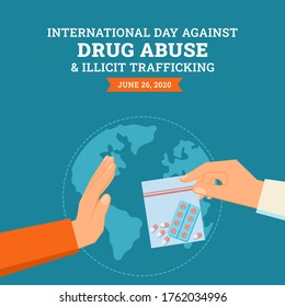 International day against drug abuse and illicit trafficking background design. Flat style vector illustration of hand gesture  refusing illegal drugs. It is used for poster and banner campaign.