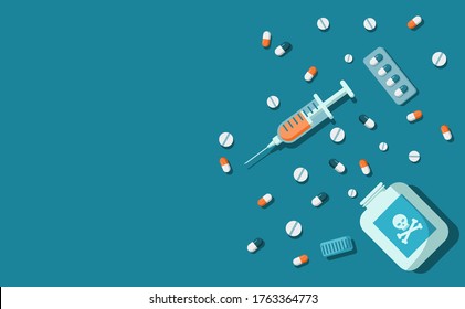 International day against drug abuse and illicit trafficking background design. Flat style vector illustration of flat lay top view of capsule and pill drugs and injection.