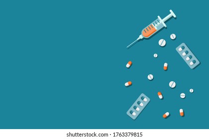 International day against drug abuse and illicit trafficking background design. Flat style vector illustration of flat lay top view of capsule and pill drugs and injection. it is used for poster.