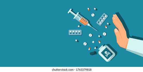 International day against drug abuse and illicit trafficking background design. Flat style vector illustration of flat lay top view of hand gesture refusing capsule and pill drugs and injection.