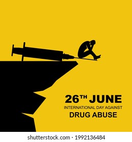 International day against drug abuse. No narcotic. Man with needle over the abyss. June 26 landing page against drug use and distribution. Go to death. Vector flat design. Problem addiction. 