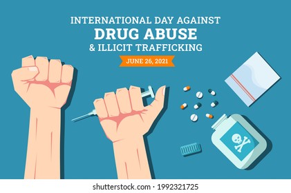 International day against drug abuse and illicit trafficking background design. Flat style vector illustration of flat lay top view of capsule and pill drugs and hands getting injected.