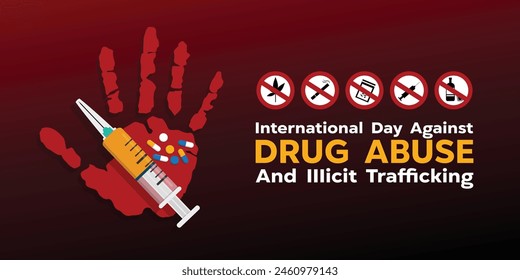 International Day Against Drug Abuse. Great for cards, banners, posters, social media and more. Red background. 