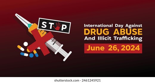 International Day Against Drug Abuse. Drugs, syringes, x signs and more. Great for cards, banners, posters, social media and more. Red background. 
