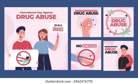 international day against drug abuse template. Circle illustration of syringe and illegal drugs with word stop on blue background.