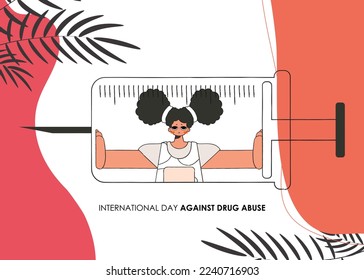 International Day Against Drugs banner. Girl inside the syringe.